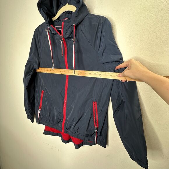 Tommy Hilfinger Navy Blue Red Trim Hooded Long Sleeve Zip Windbreaker Jacket S - Picture 11 of 12